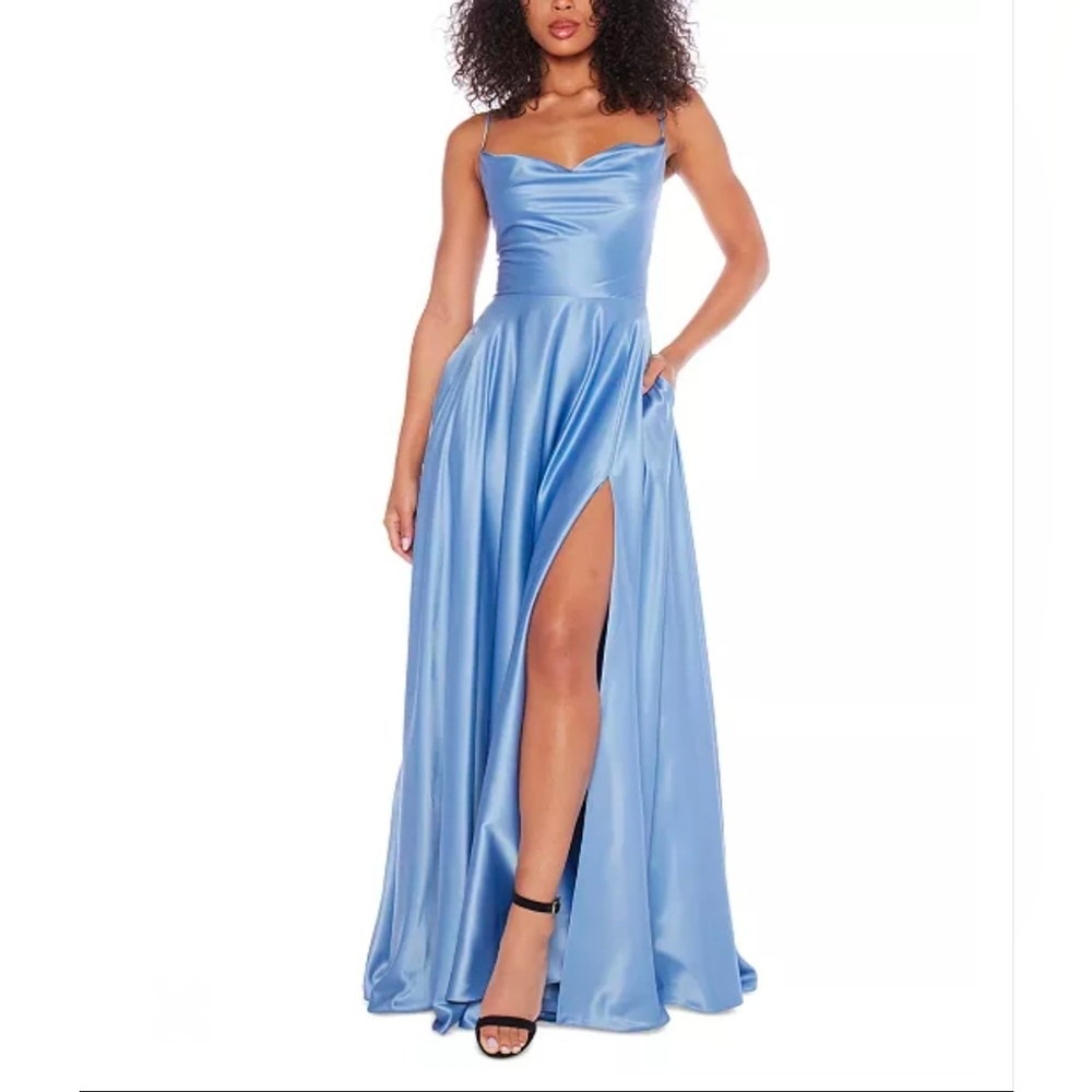 B. Darlin Maxi Dress Juniors 3/4 Blue Satun Cowlneck Lace-up Back Prom Wedding